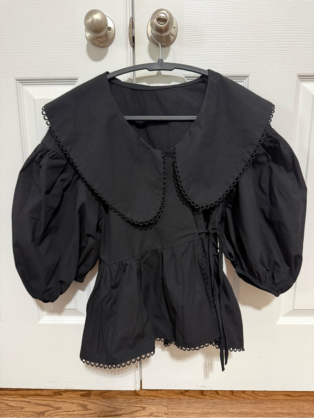 Black Peplum Puff-Sleeve Top with Peter Pan Collar